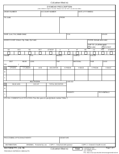 DD Form 771  Printable Pdf