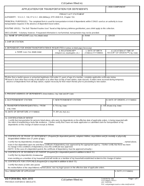 DD Form 884 Application for Transportation for Dependents