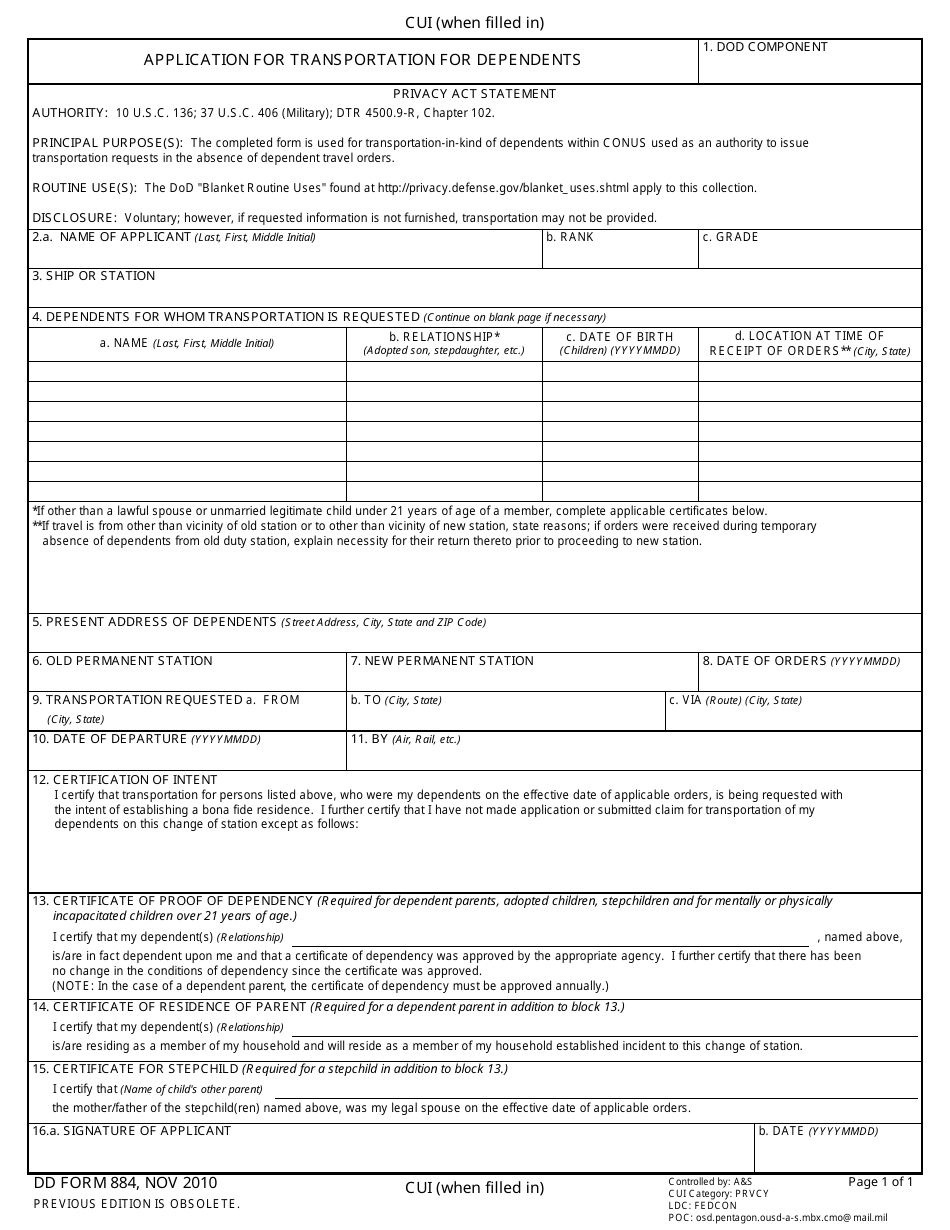 DD Form 884 - Fill Out, Sign Online and Download Fillable PDF ...