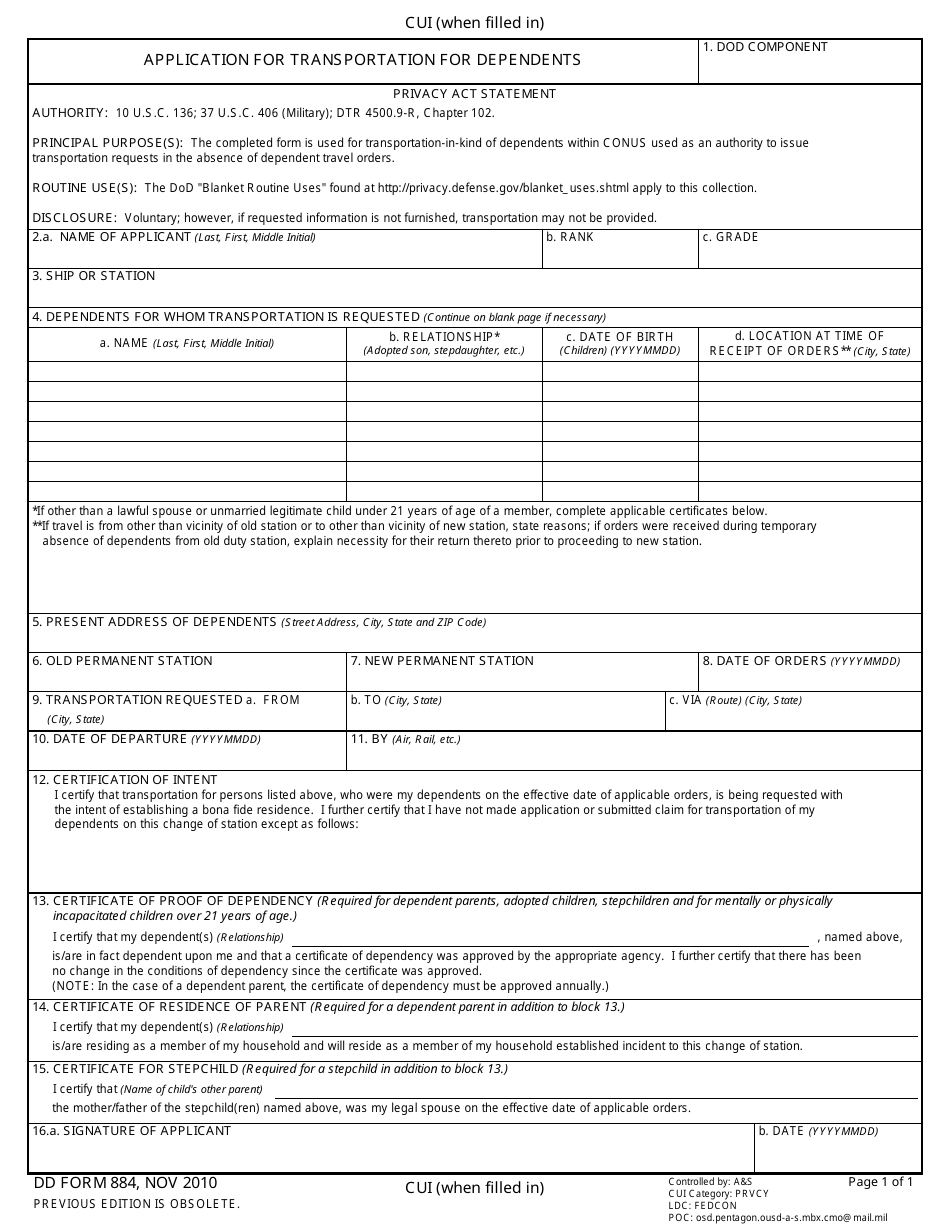 DD Form 884 Application for Transportation for Dependents, Page 1