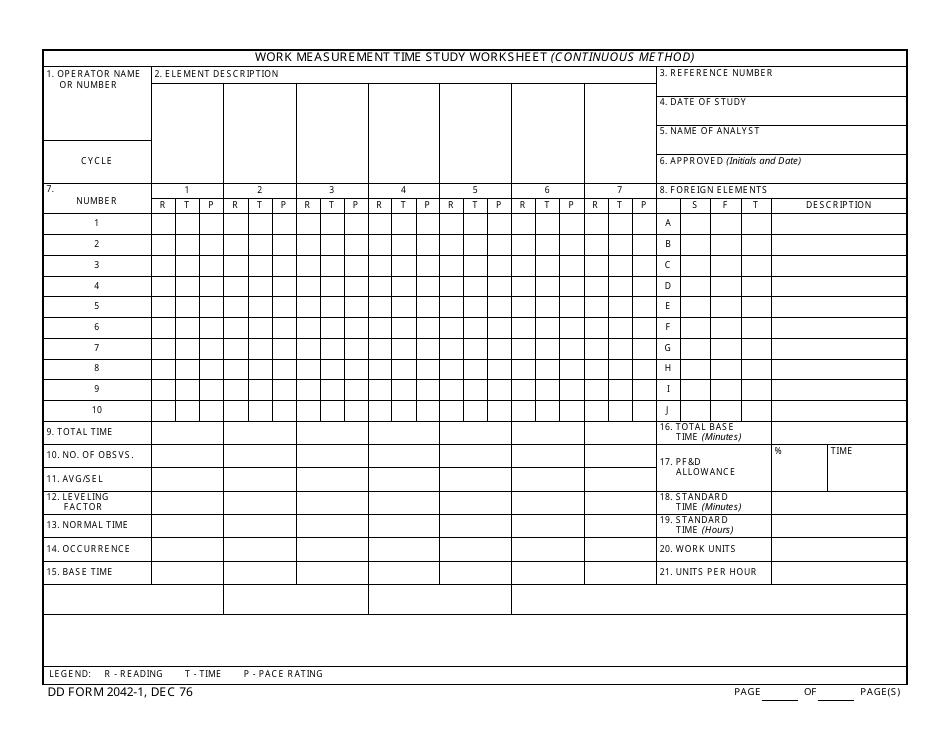 DD Form 2042-1 Work Measurement Time Study Worksheet, Page 1