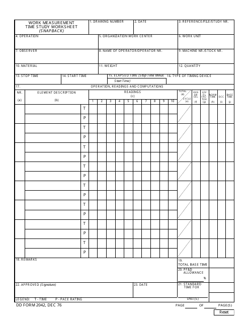 DD Form 2042 Work Measurement Time Study Worksheet (Snapback)