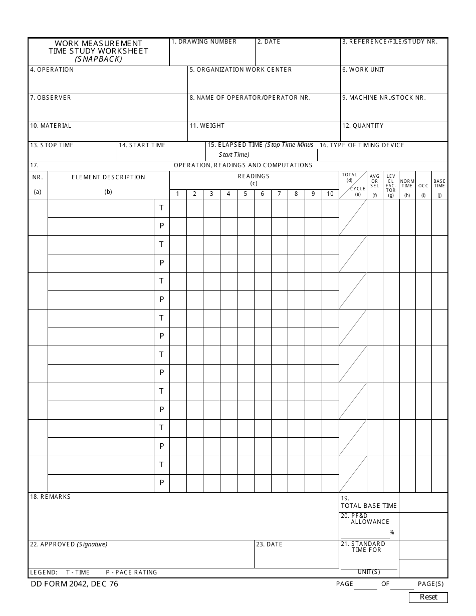 DD Form 2042 Work Measurement Time Study Worksheet (Snapback), Page 1