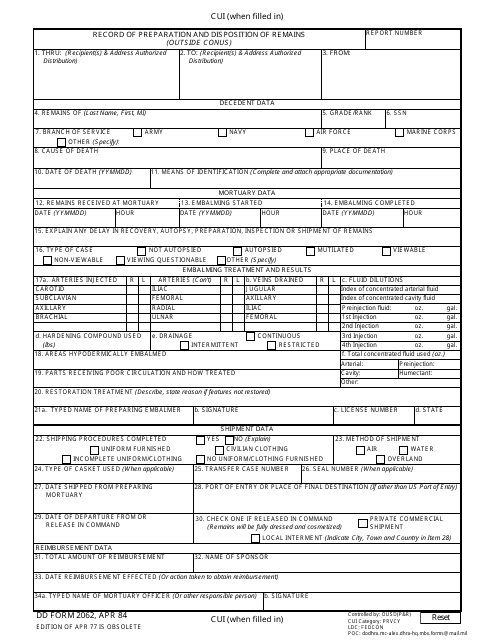 DD Form 2062  Printable Pdf