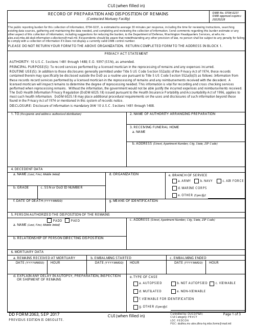 DD Form 2063 Record of Preparation and Disposition of Remains