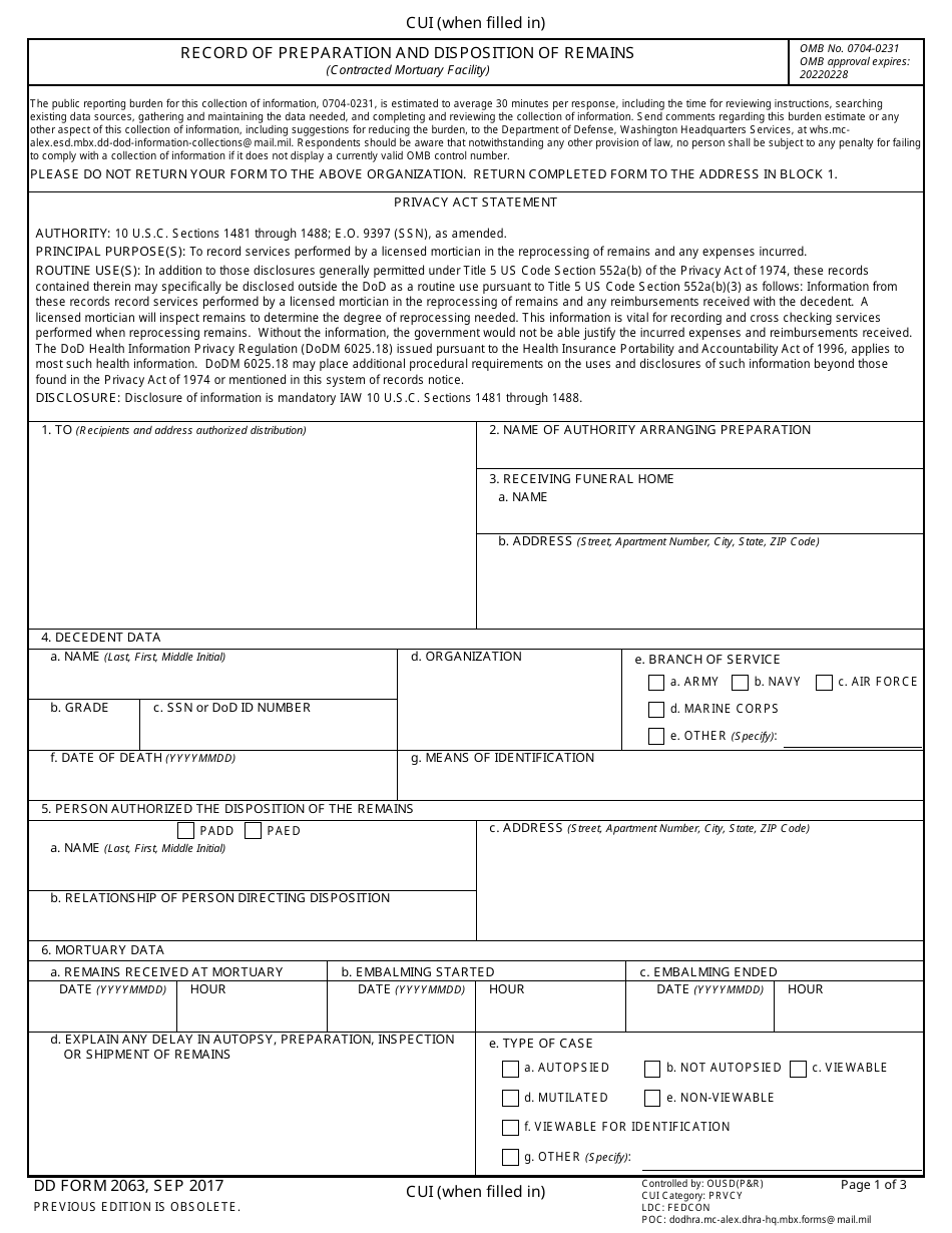 DD Form 2063 Record of Preparation and Disposition of Remains, Page 1