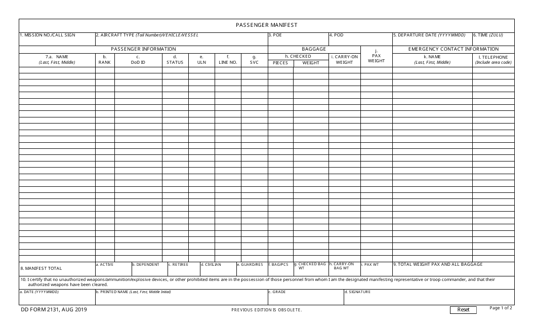 DD Form 2131  Printable Pdf