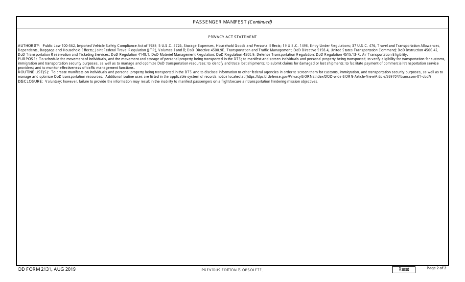 DD Form 2131 Passenger Manifest, Page 2