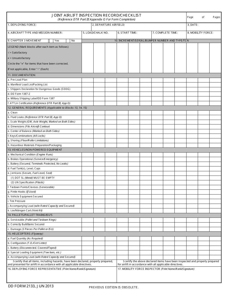 DD Form 2133 Joint Airlift Inspection Record / Checklist, Page 1