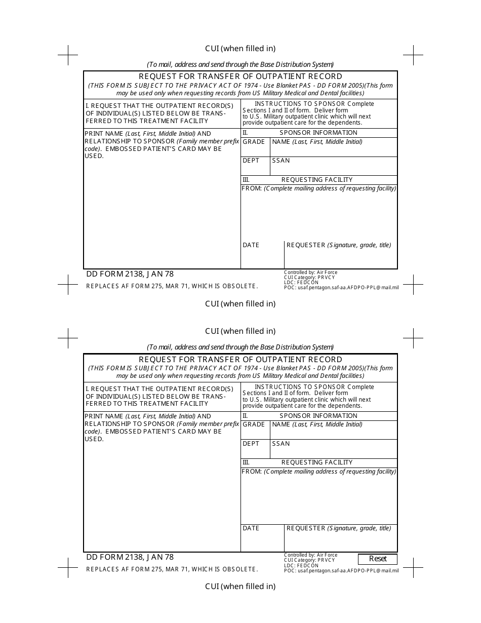 DD Form 2138 Request for Transfer of Outpatient Record, Page 1