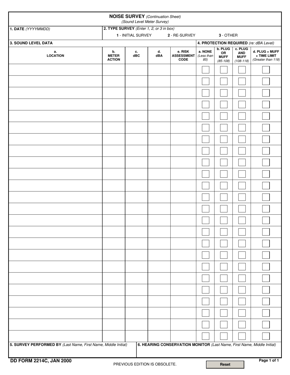 DD Form 2214C Noise Survey Continuation Sheet - Sound Level Meter Survey, Page 1