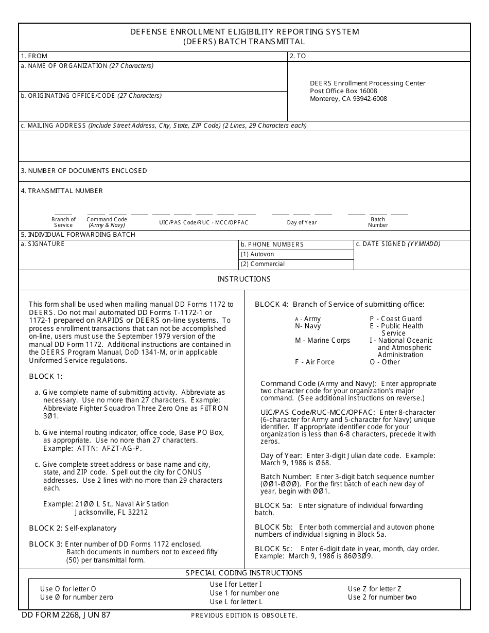 DD Form 2268 Defense Enrollment Eligibility Reporting System (DEERS) Batch Transmittal, Page 1