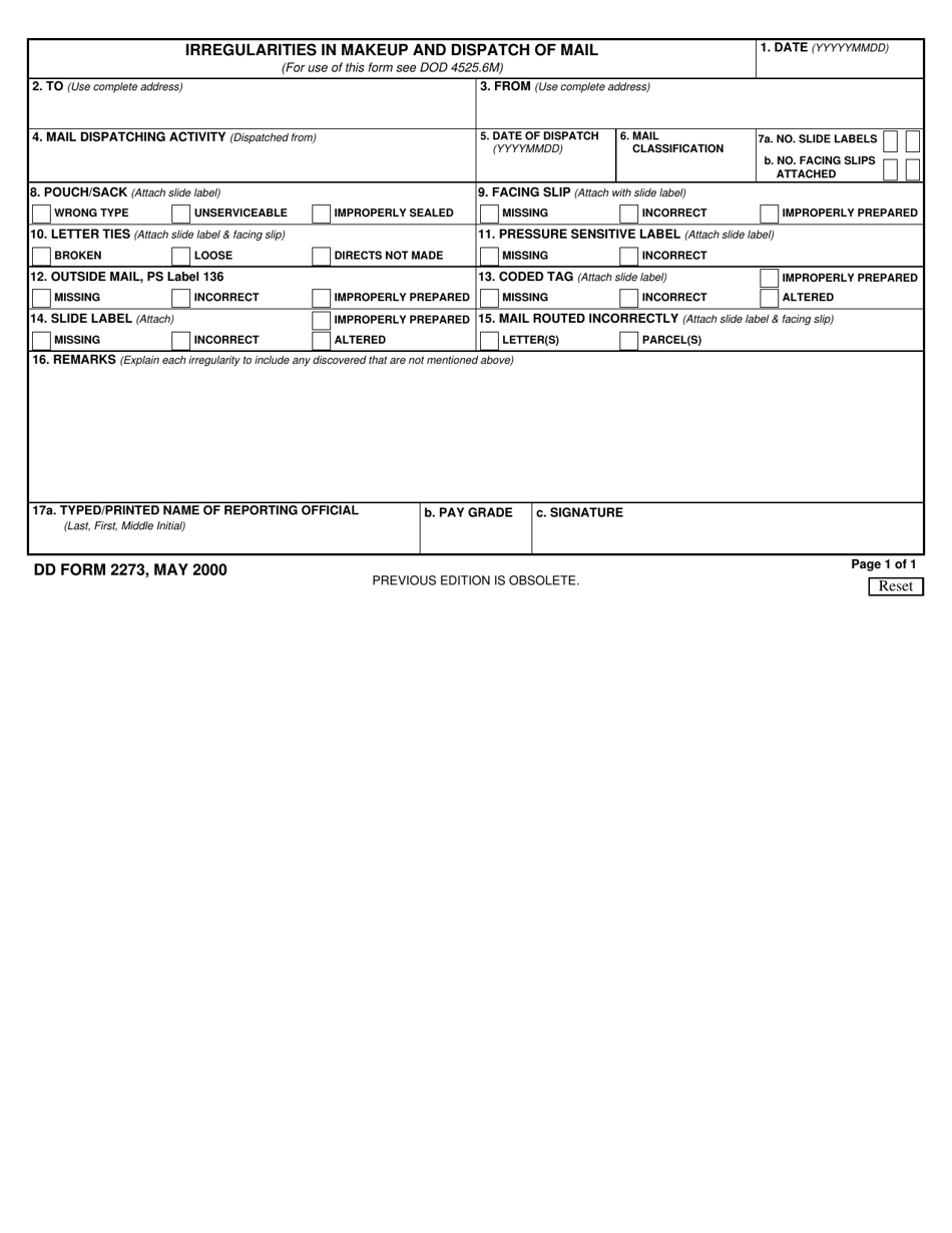 DD Form 2273 Irregularities in Makeup and Dispatch of Mail, Page 1