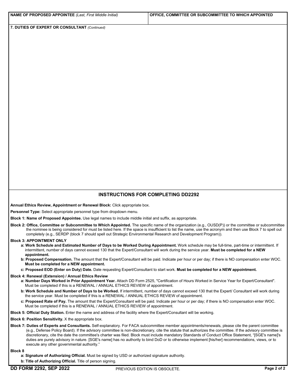 DD Form 2292 Request for Appointment or Renewal of Appointment of Expert or Consultant or Advisory Board Member, Page 2