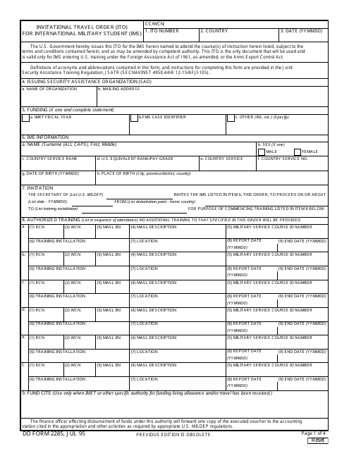 DD Form 2285 Invitational Travel Order (Ito) for International Military Student (Ims)