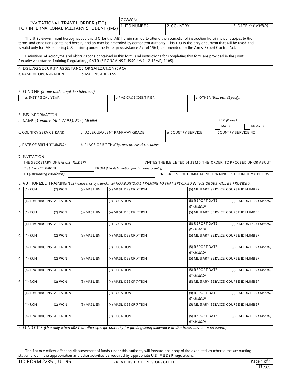 DD Form 2285 Invitational Travel Order (Ito) for International Military Student (Ims), Page 1