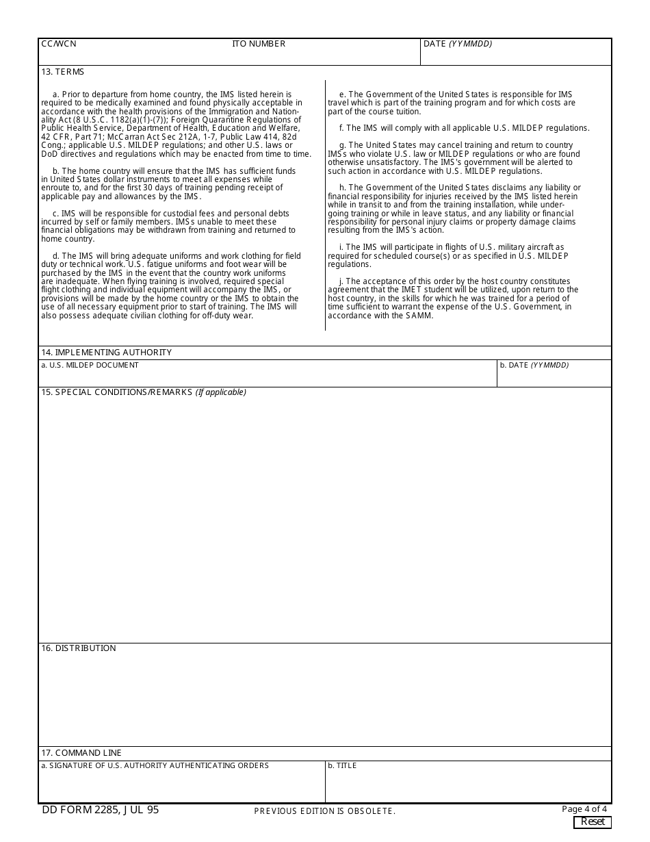 DD Form 2285 Invitational Travel Order (Ito) for International Military Student (Ims), Page 4