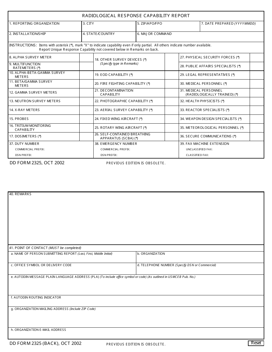 DD Form 2325 Radiological Response Capability Report, Page 1