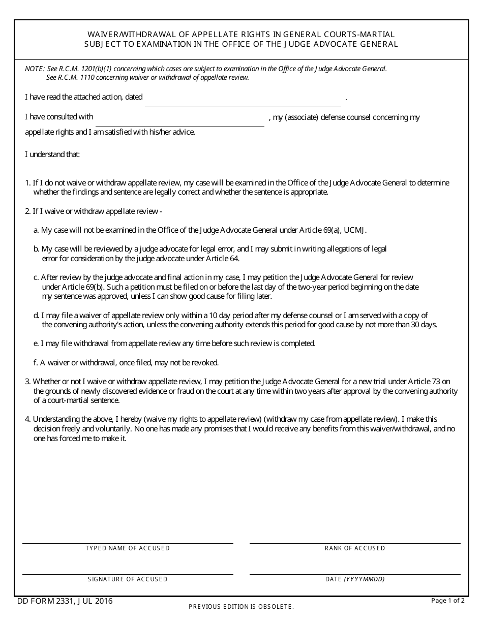 DD Form 2331 Waiver / Withdrawal of Appellate Rights in General Courts-Martial Subject to Examination in the Office of the Judge Advocate General, Page 1