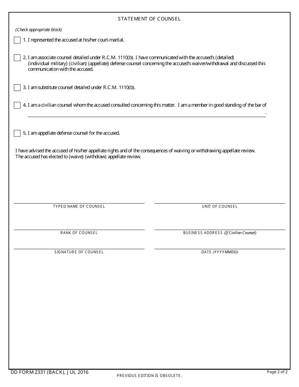 DD Form 2331 Waiver / Withdrawal of Appellate Rights in General Courts-Martial Subject to Examination in the Office of the Judge Advocate General, Page 2