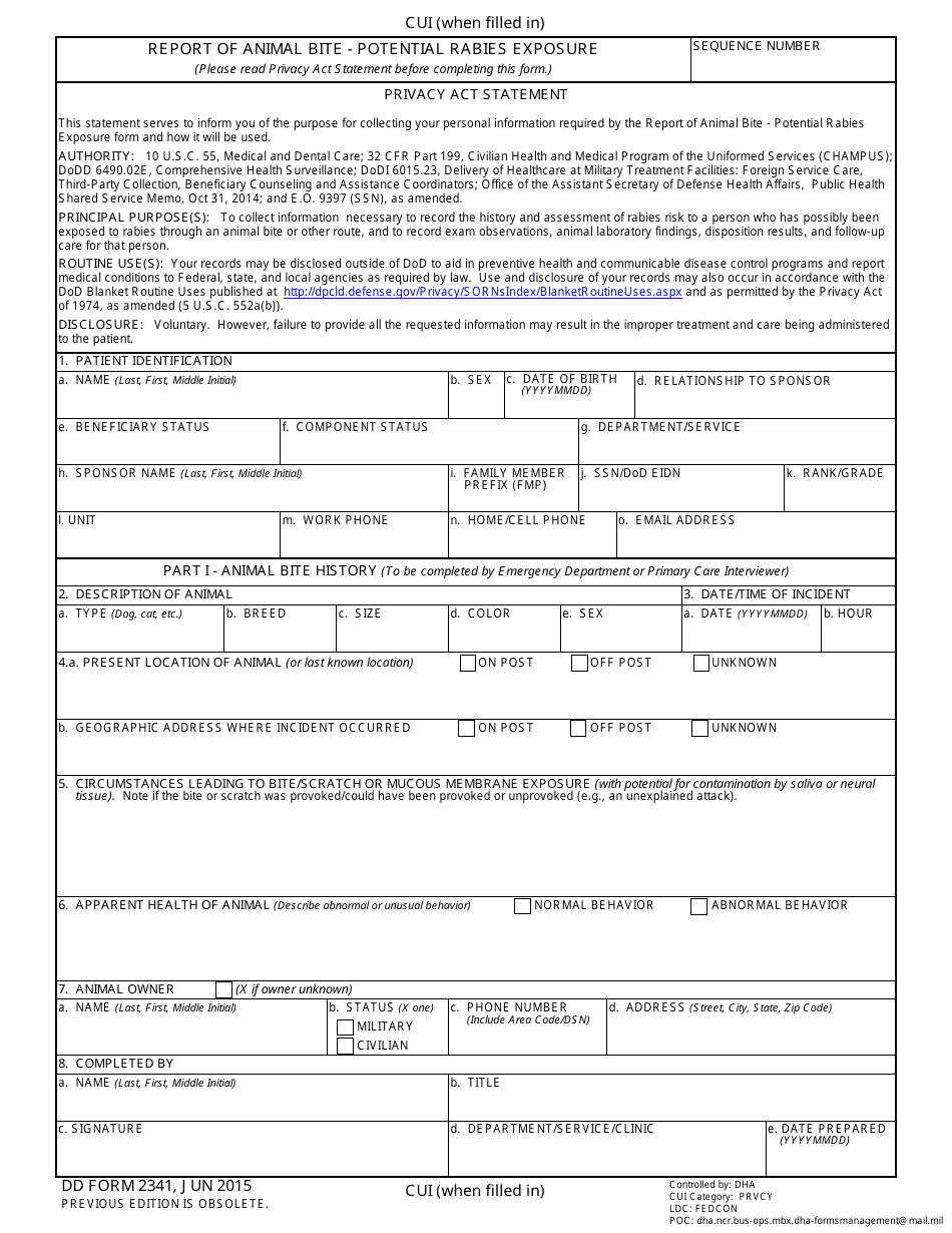 DD Form 2341 Report of Animal Bite - Potential Rabies Exposure, Page 1