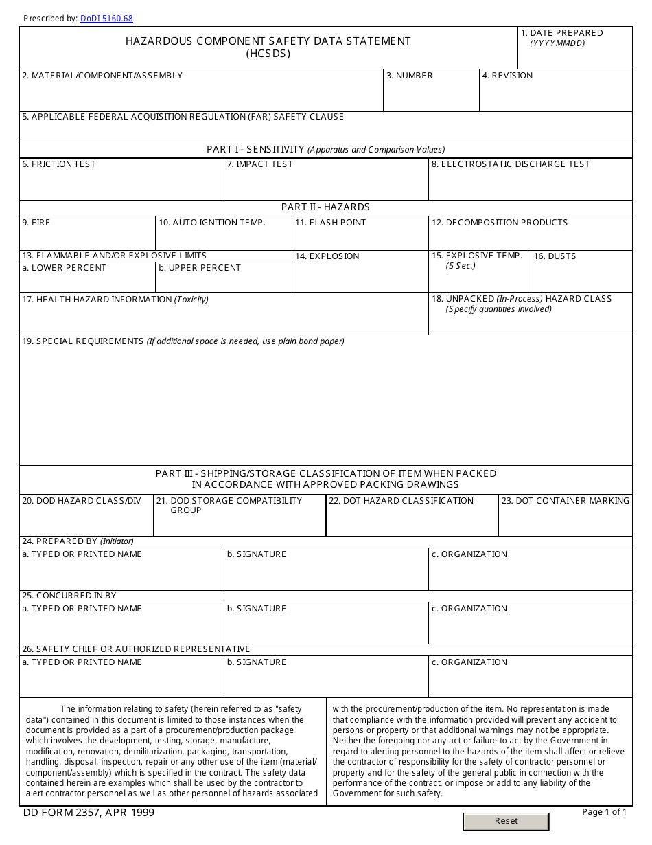 DD Form 2357 Hazardous Component Safety Data Statement (Hcsds), Page 1