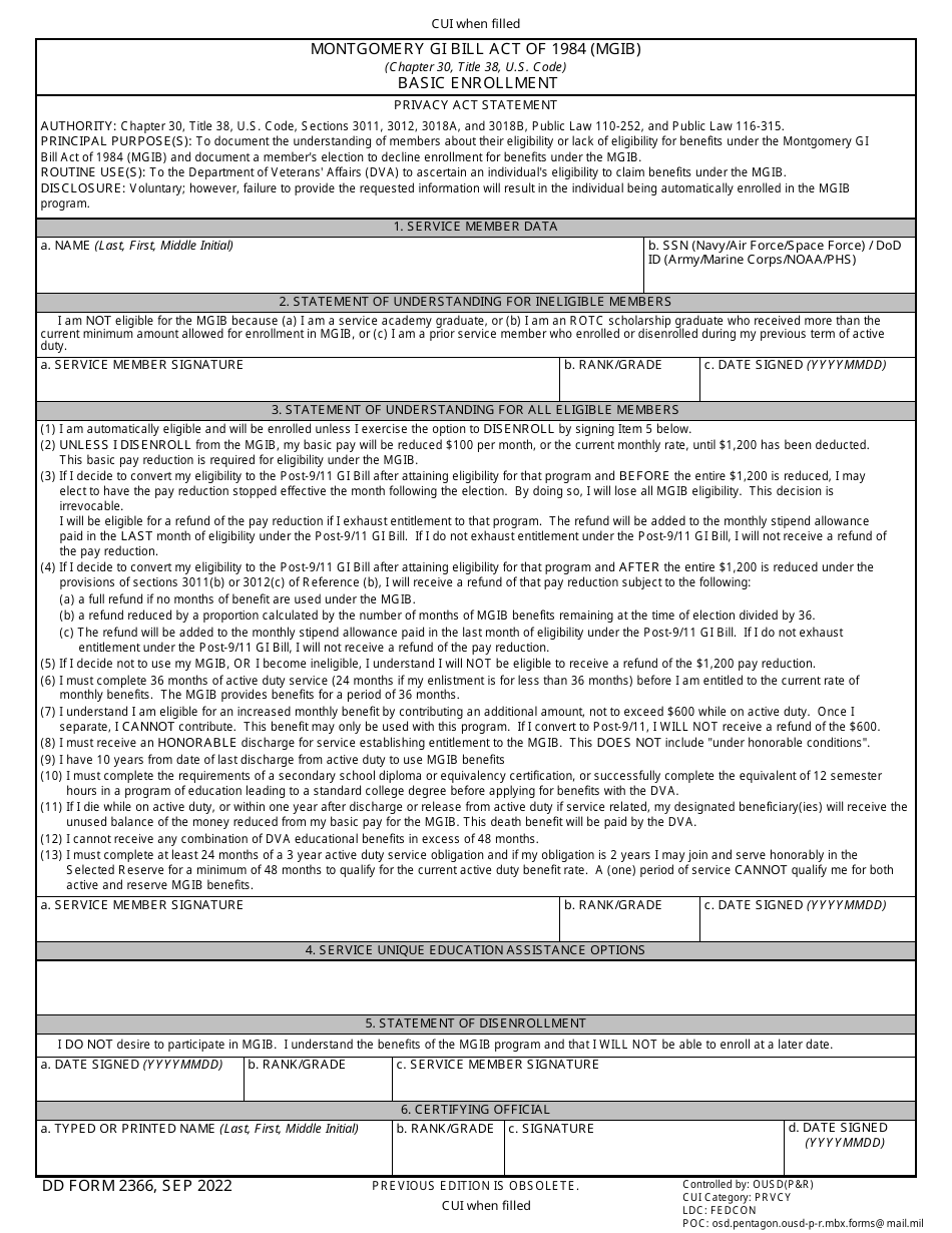 DD Form 2366 Basic Enrollment, Page 1