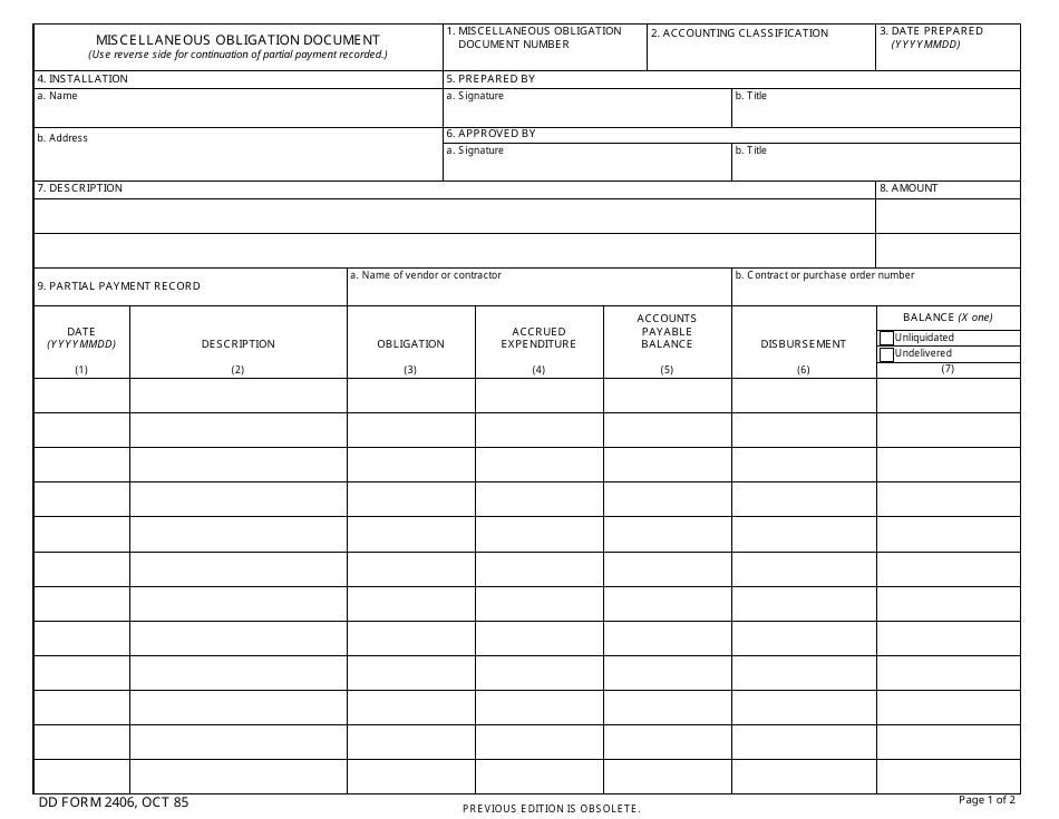 DD Form 2406 Miscellaneous Obligation Document, Page 1