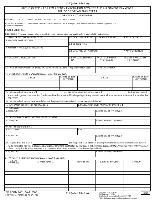 DD Form 2461 Authorization for Emergency Evacuation Advance and Allotment Payments for DoD Civilian Employees