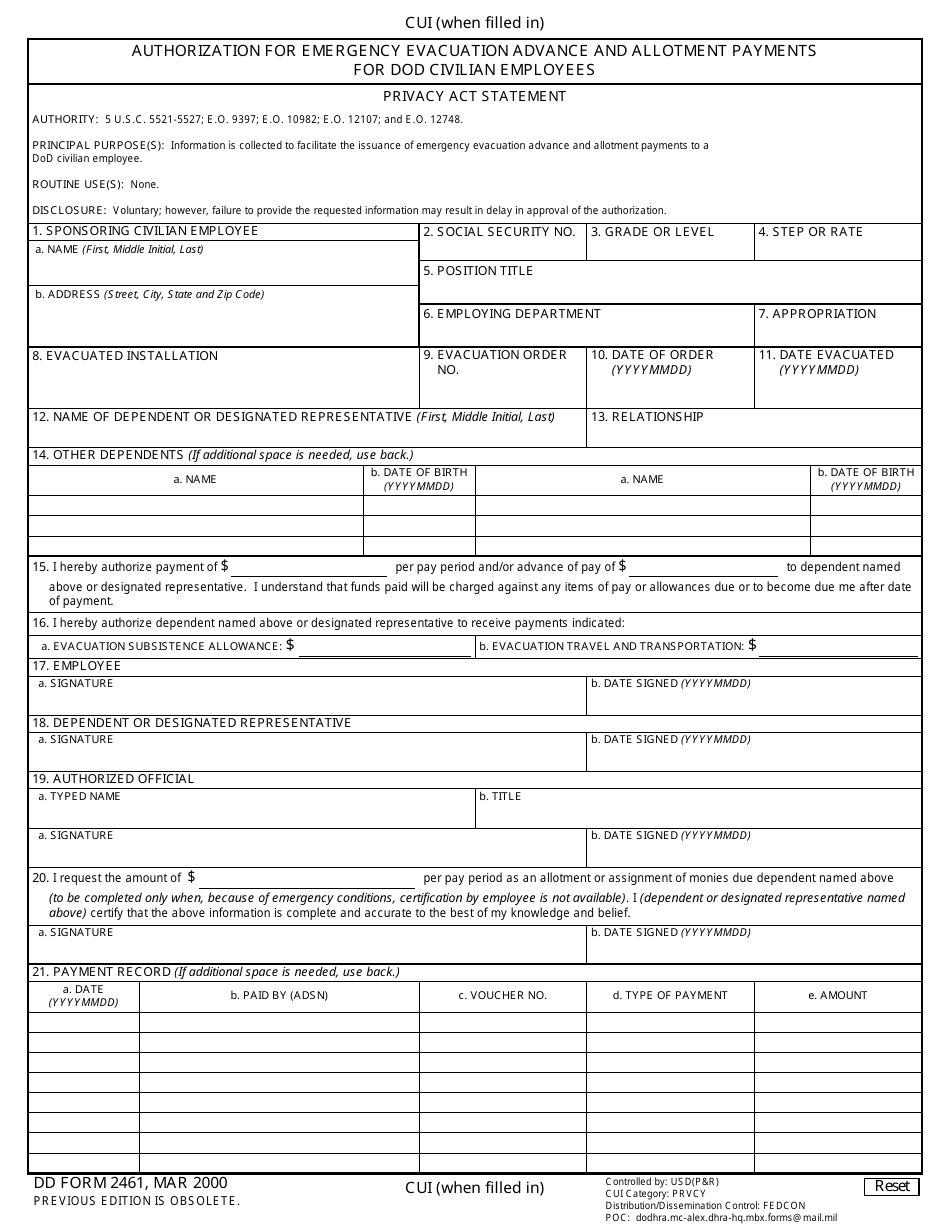 DD Form 2461 Authorization for Emergency Evacuation Advance and Allotment Payments for DoD Civilian Employees, Page 1