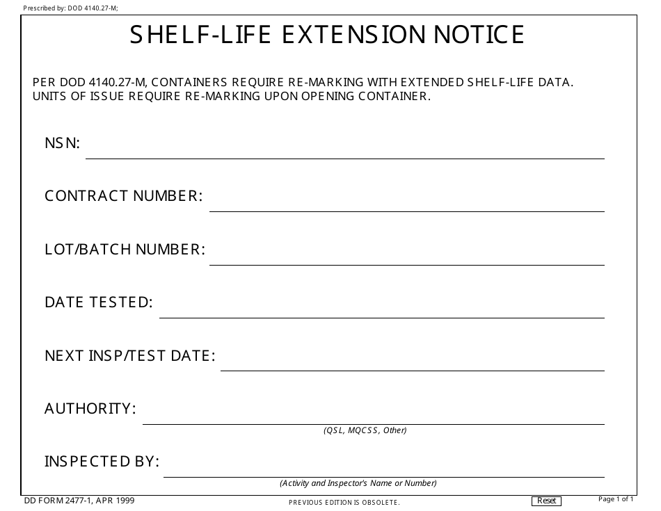 DD Form 2477-1 Shelf-Life Extension Notice, Page 1
