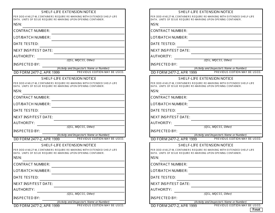 DD Form 2477-2 Shelf-Life Extension Notice (5 X 3), Page 1