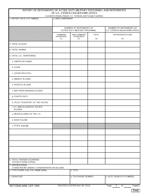 DD Form 2498 Report of Dependents of Active Duty Military Personnel and of U.S. Citizen Civilian Employees