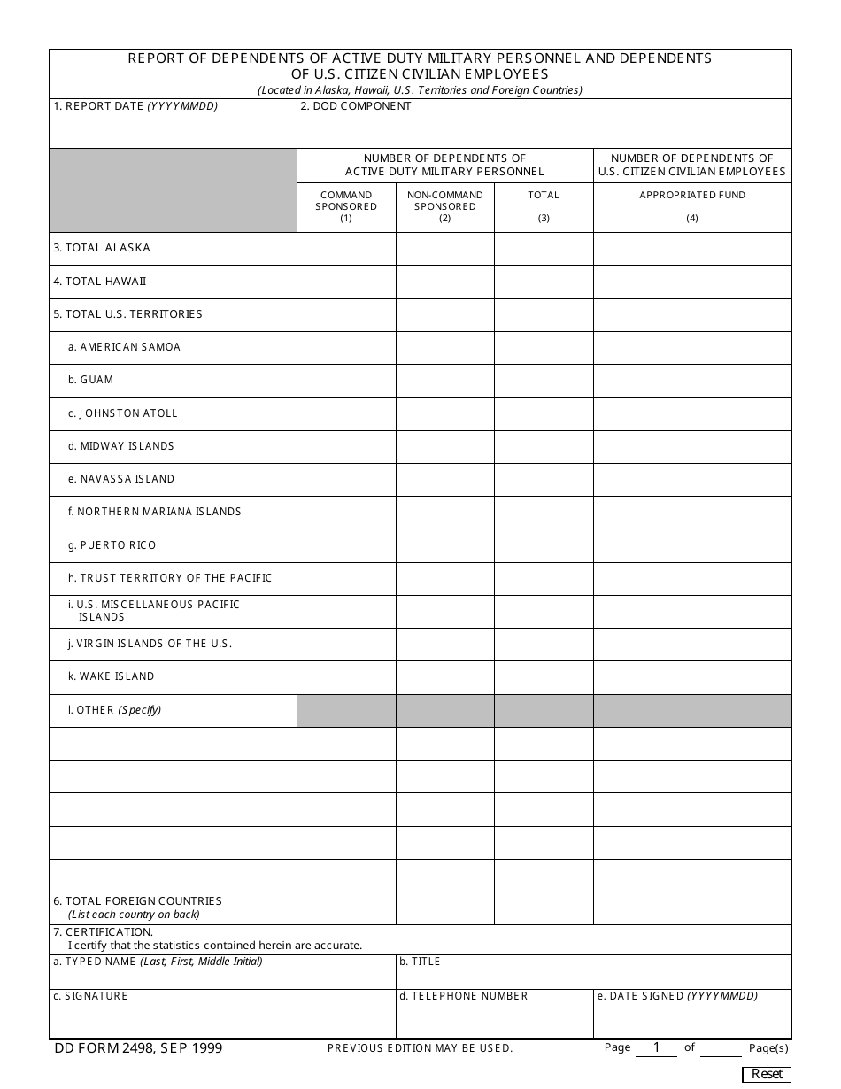 DD Form 2498 Report of Dependents of Active Duty Military Personnel and of U.S. Citizen Civilian Employees, Page 1
