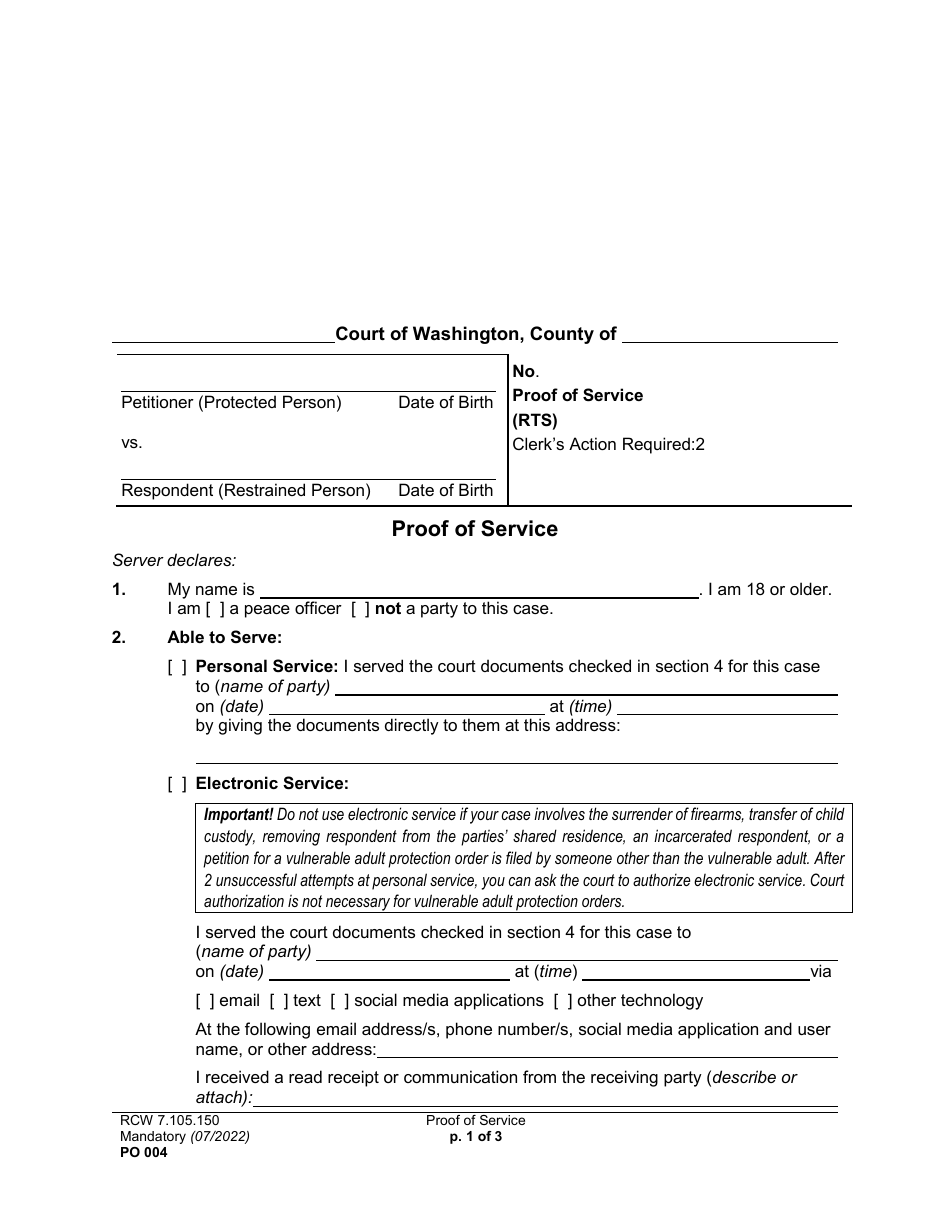 Form PO004 Proof of Service - Washington, Page 1