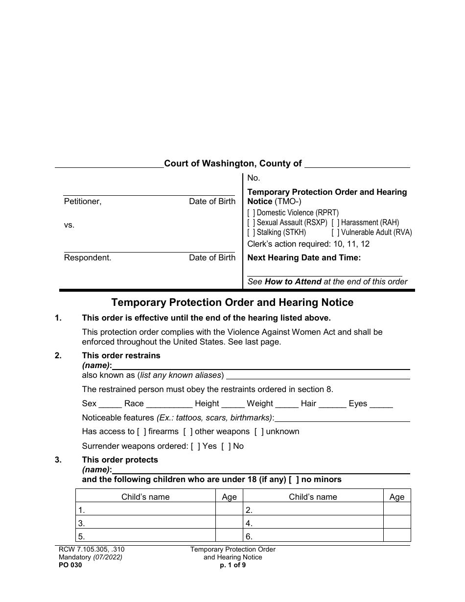 Form PO030 Temporary Protection Order and Hearing Notice - Washington, Page 1