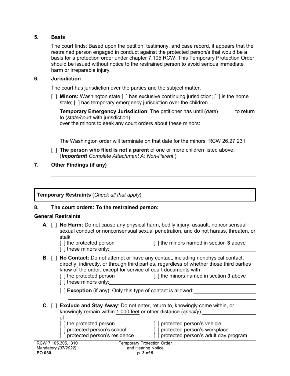 Form PO030 Temporary Protection Order and Hearing Notice - Washington, Page 3