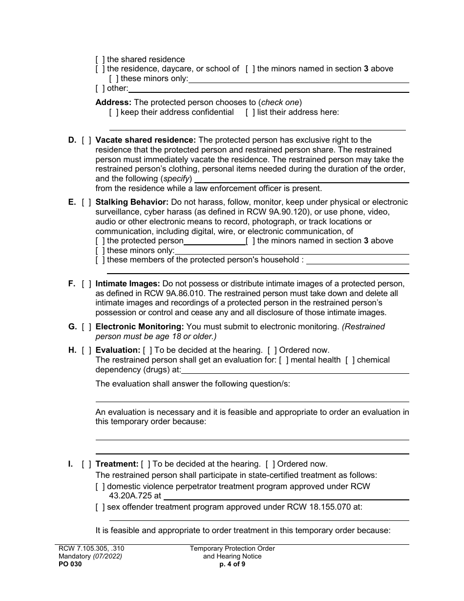 Form PO030 Temporary Protection Order and Hearing Notice - Washington, Page 4