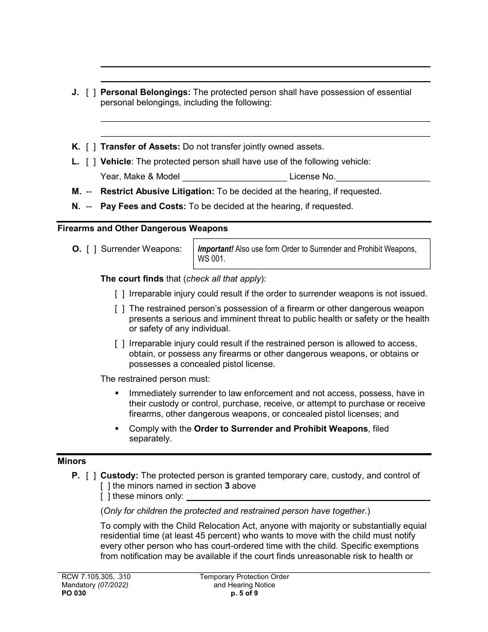 Form PO030 Temporary Protection Order and Hearing Notice - Washington, Page 5