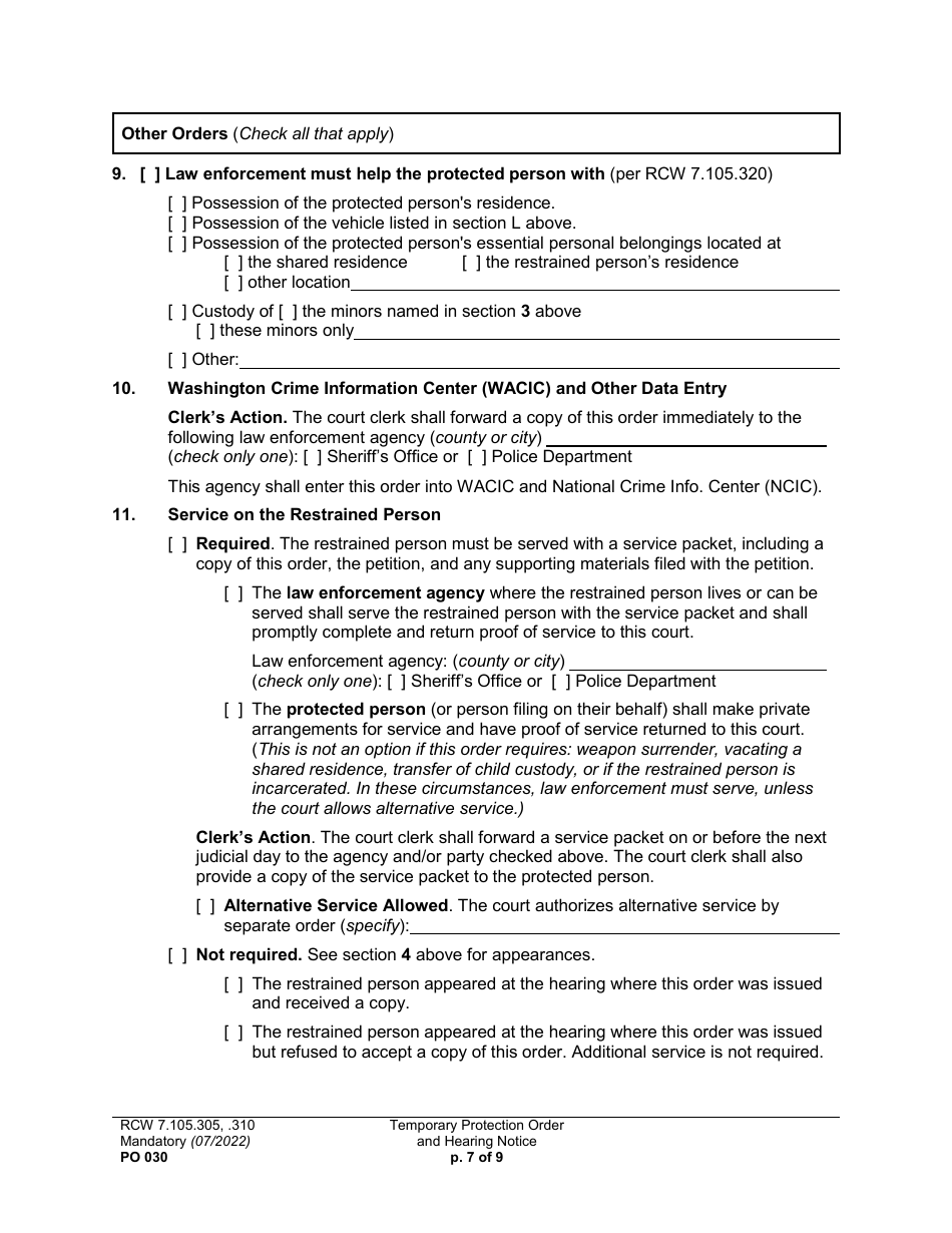 Form PO030 Temporary Protection Order and Hearing Notice - Washington, Page 7