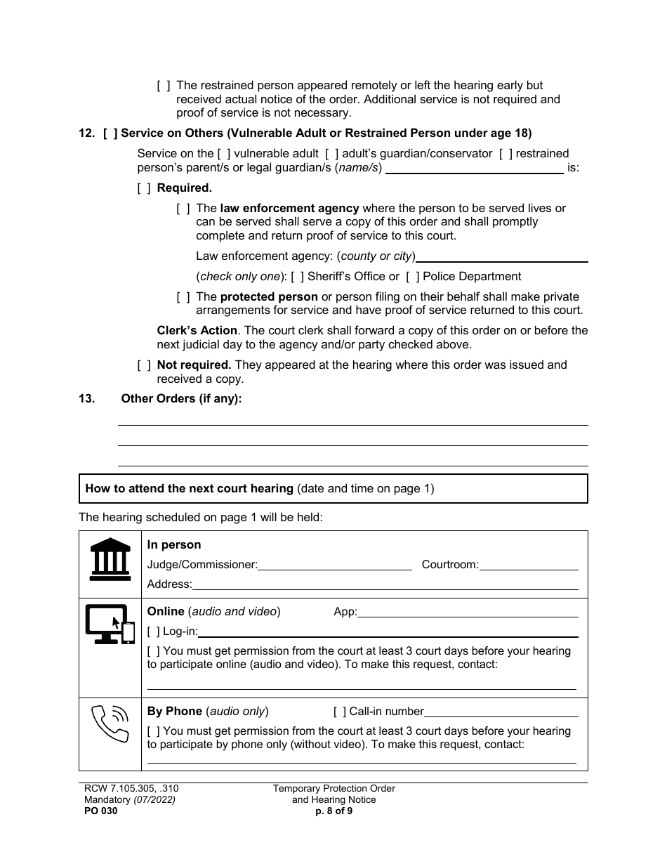 Form PO030 Temporary Protection Order and Hearing Notice - Washington, Page 8