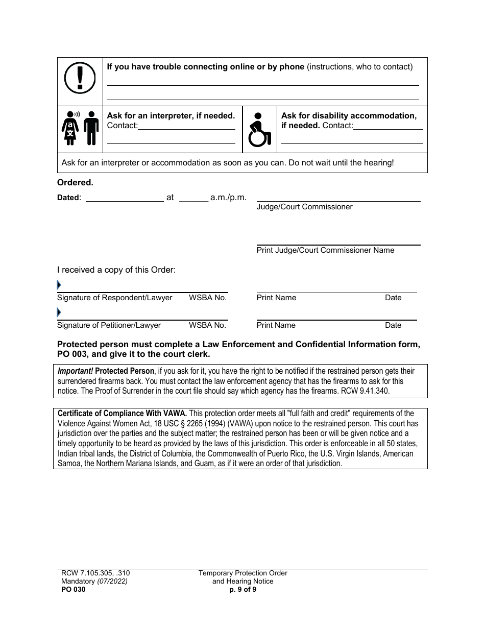 Form PO030 Temporary Protection Order and Hearing Notice - Washington, Page 9