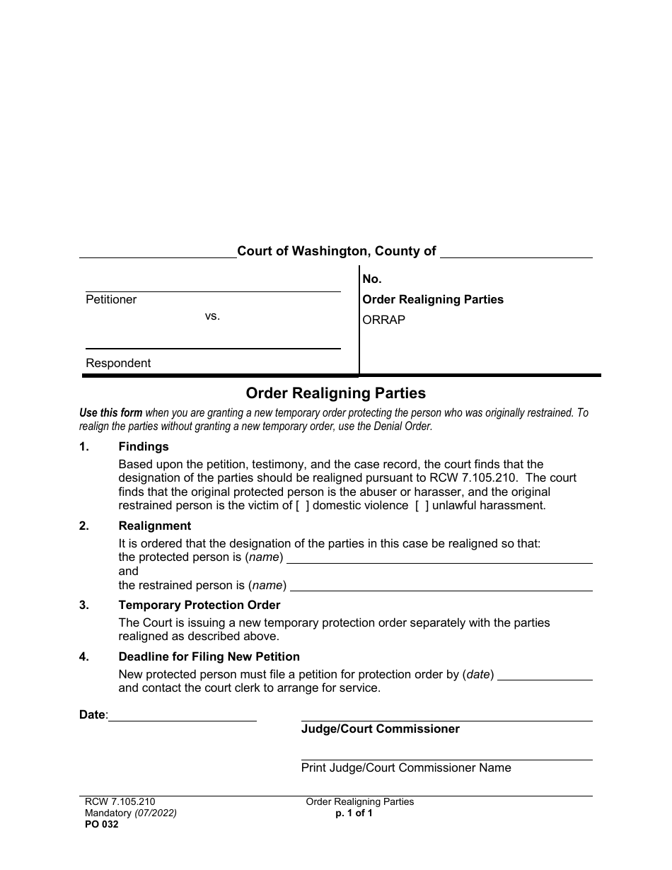 Form PO032 Order Realigning Parties - Washington, Page 1
