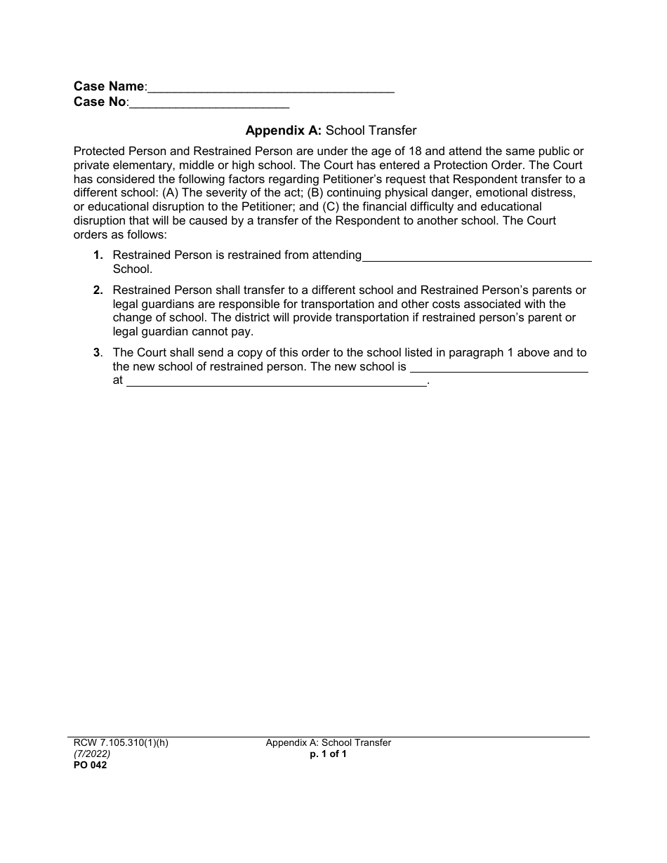 Form PO042 Appendix A School Transfer - Washington, Page 1