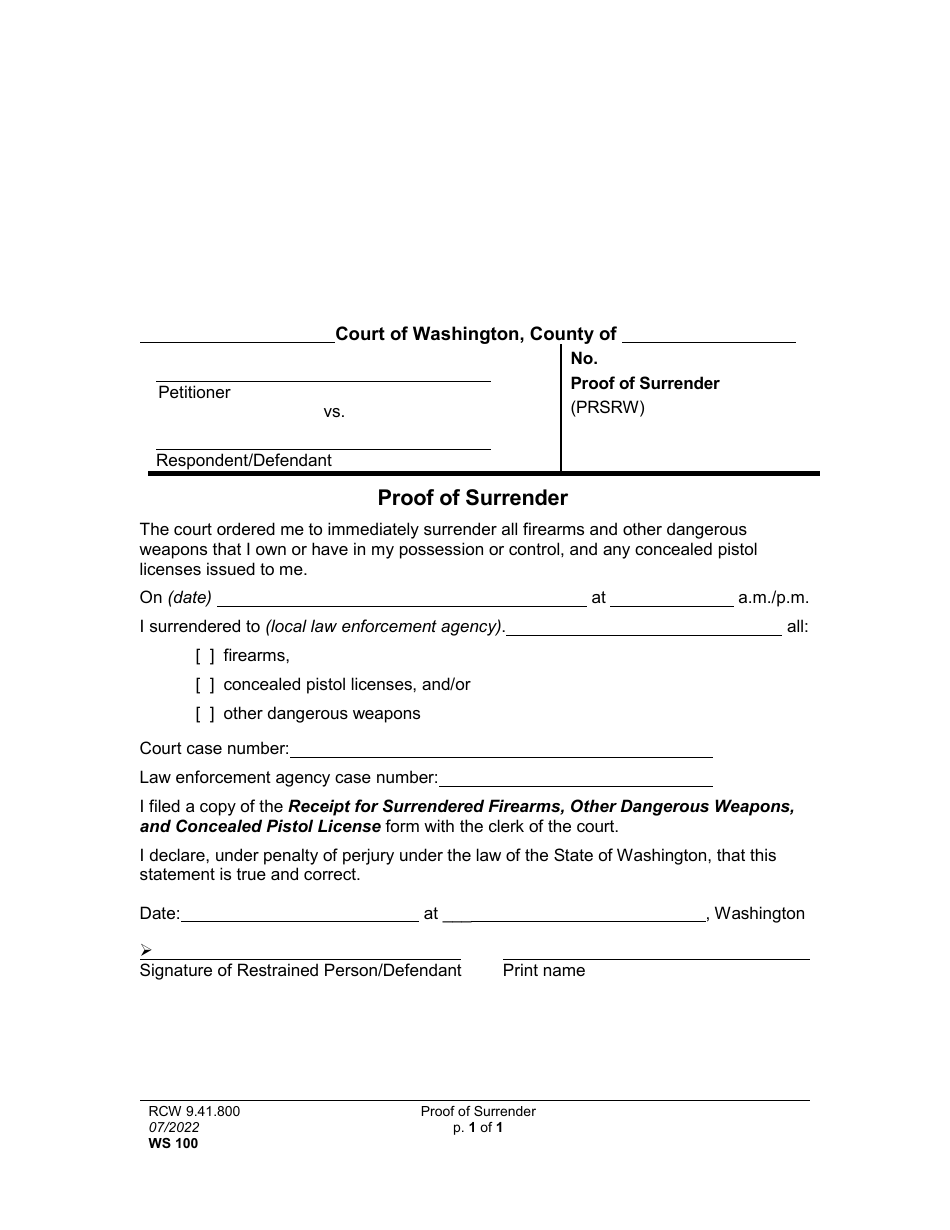 Form WS100 Proof of Surrender - Washington, Page 1