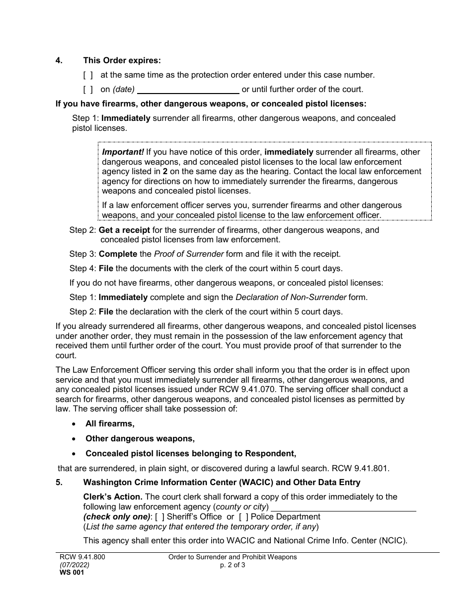 Form WS001 Order to Surrender and Prohibit Weapons - Washington, Page 2