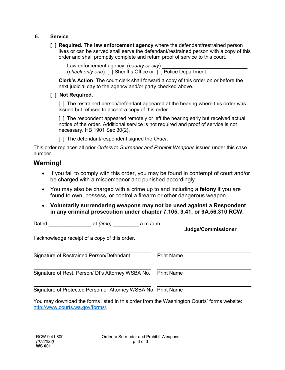 Form WS001 Order to Surrender and Prohibit Weapons - Washington, Page 3