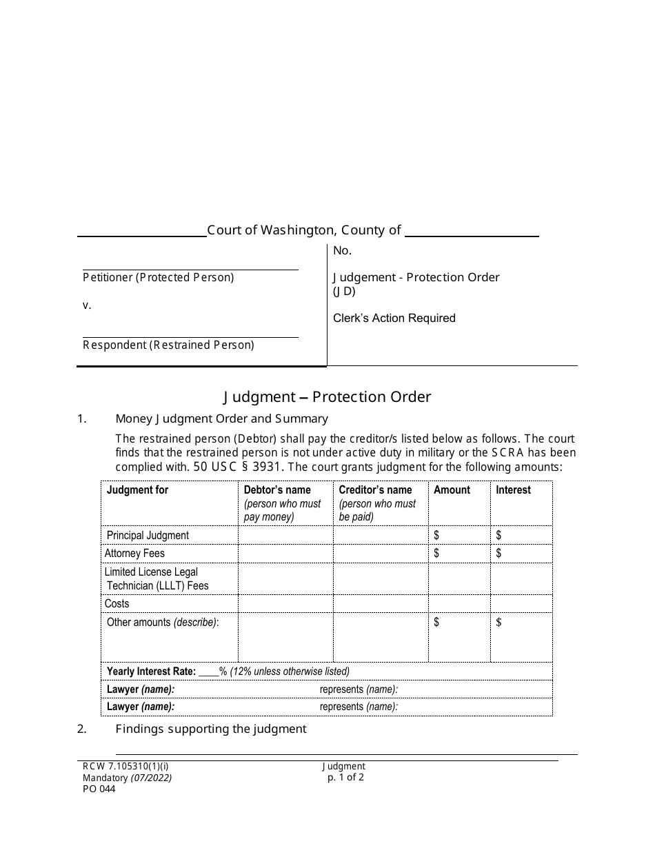 Form PO044 Judgment - Protection Order - Washington, Page 1