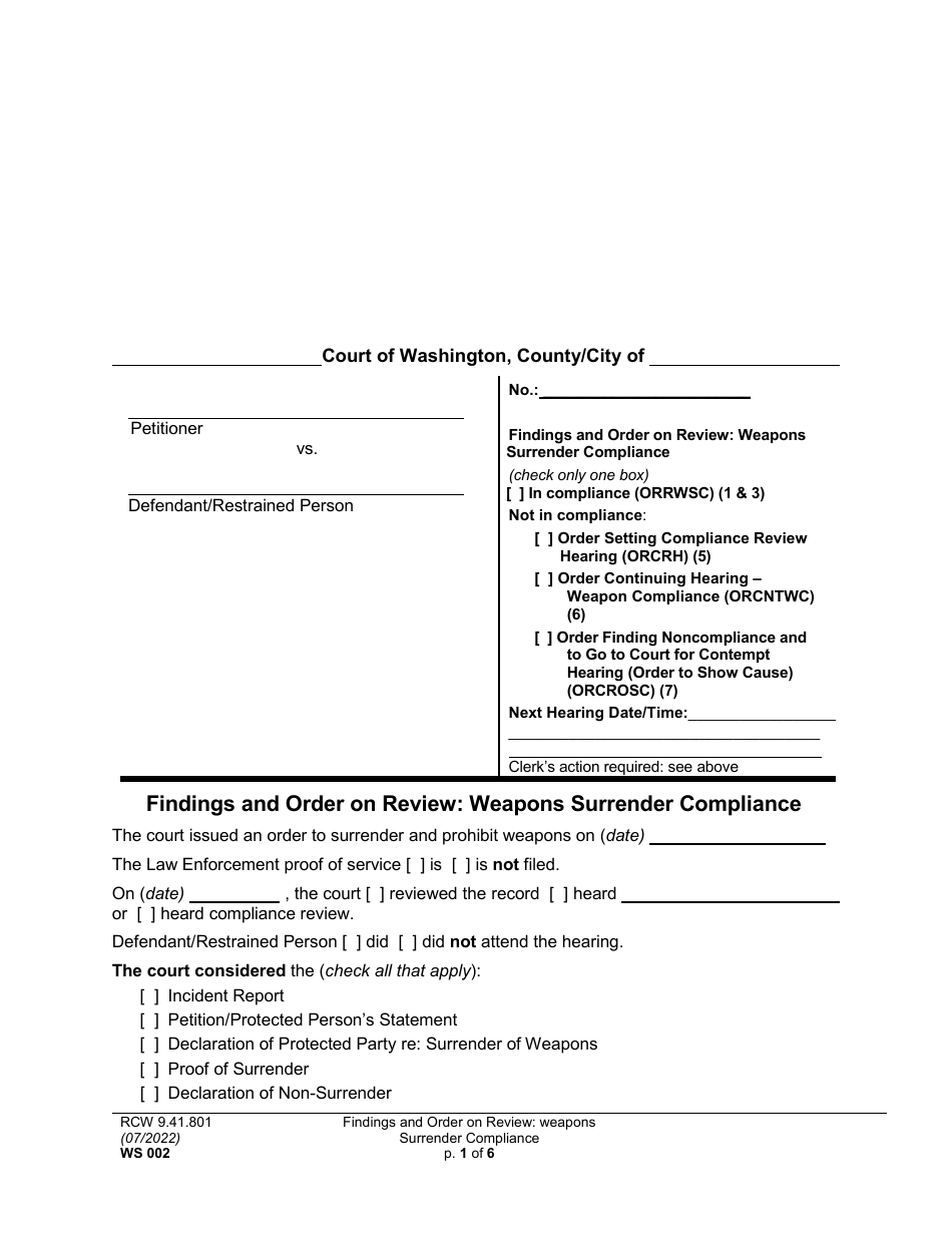 Form WS002 Findings and Order on Review: Weapons Surrender Compliance - Washington, Page 1