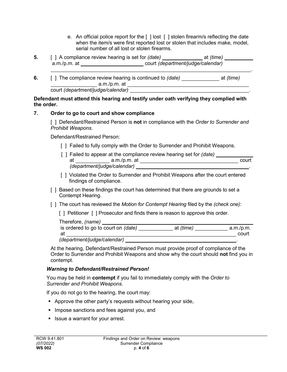 Form WS002 Findings and Order on Review: Weapons Surrender Compliance - Washington, Page 4